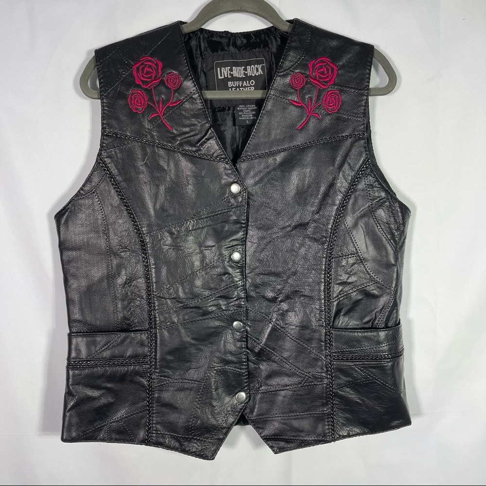 Live Ride Rock, Buffalo Leather Vest, Floral Embroidery, Size Large.